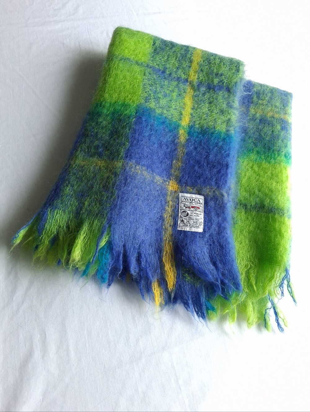 Vintage Avoca Handweavers Throw Blanket Plaid Mohair Wool Ireland green & blue